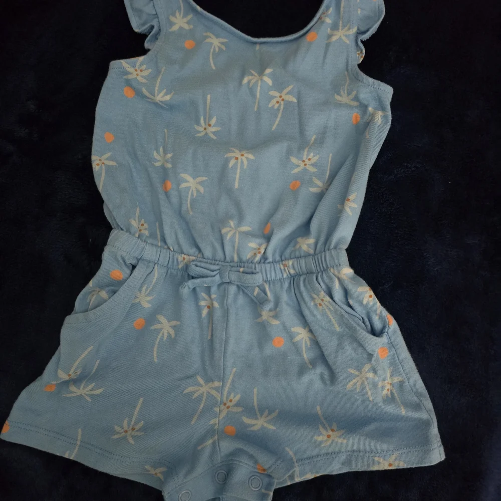 Cat & Jack Light Blue Palm-Print Romper with Orange Dots